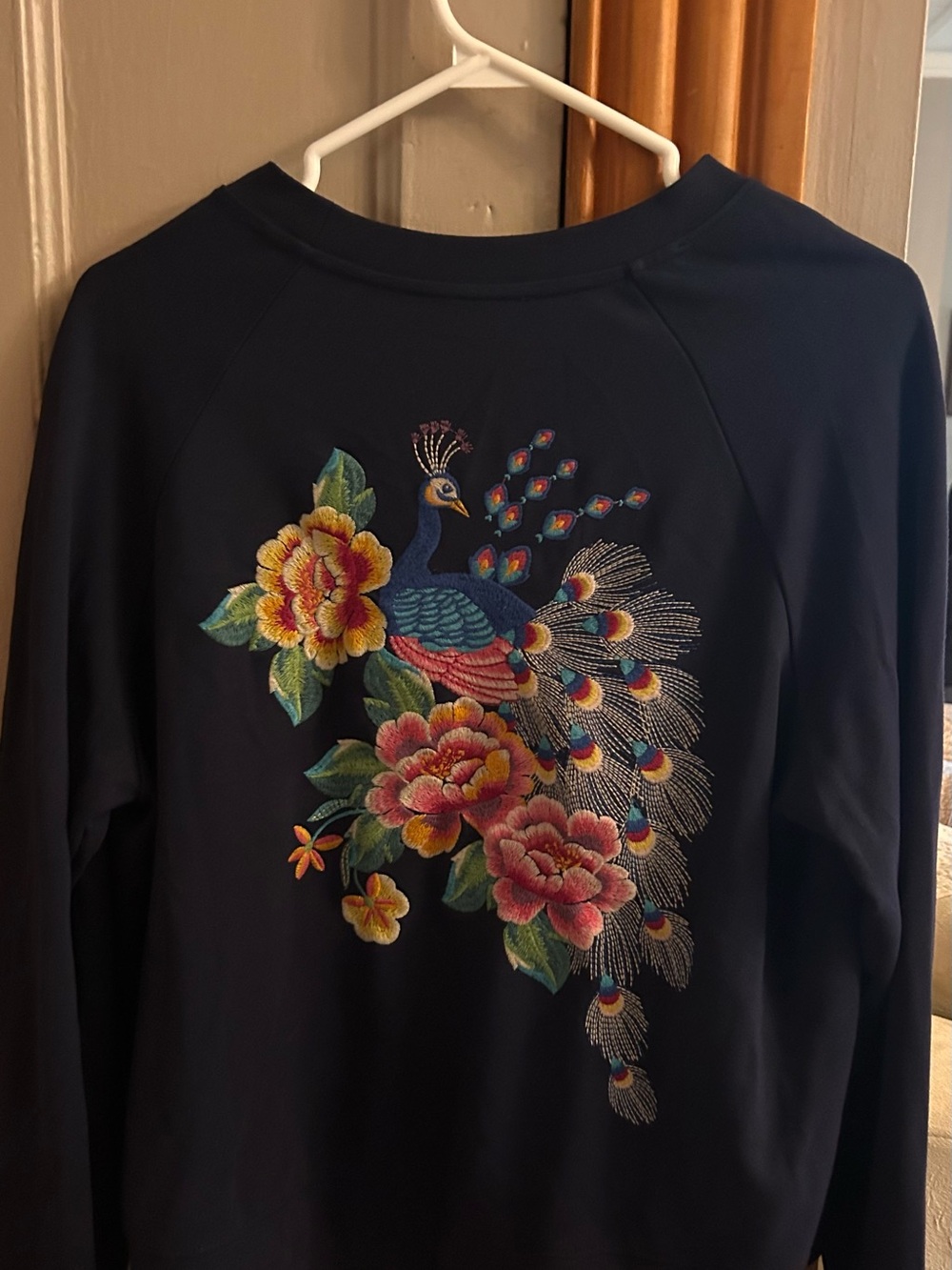 Johnny Was Navy Crewneck Sweater with Embroidered Peacock and Floral Motif